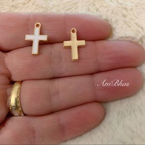 2 White Dainty Enamel Cross Charms